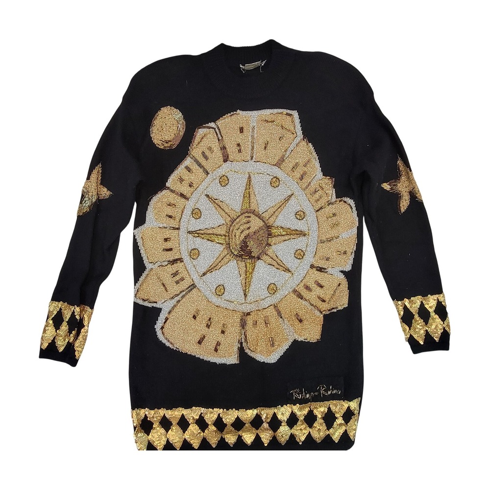 SEMPLICE Black Wool Sweater Celestial Sun Star Design‎ Embellished Size M